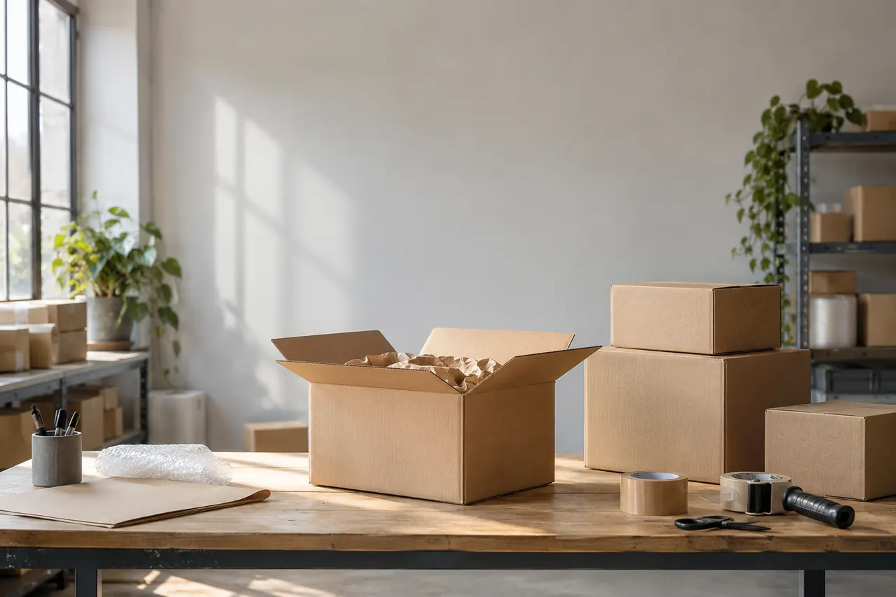 Mesa de embalaje con cajas y cinta junto a la ventana de un pequeño almacén.