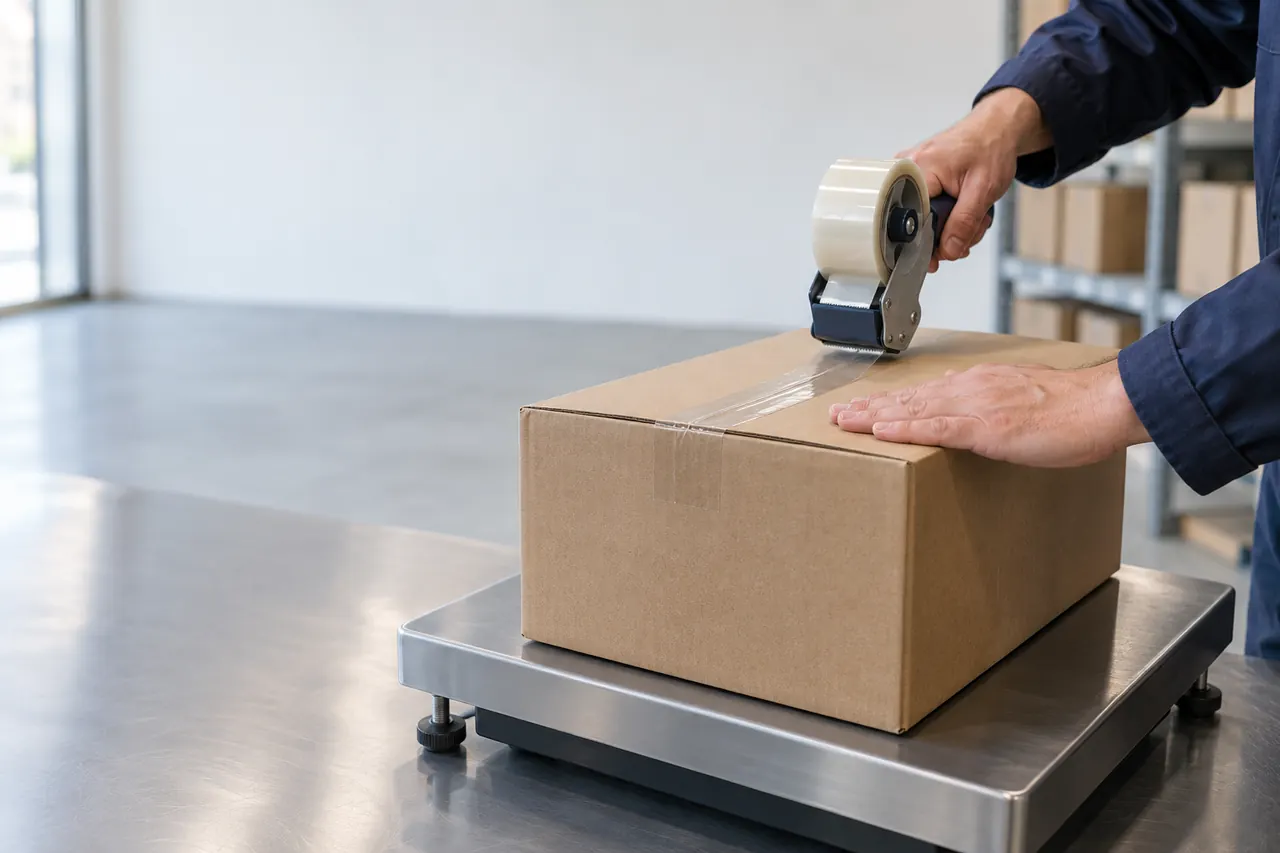 Unas manos cierran con cinta una caja de cartón colocada sobre la báscula.
